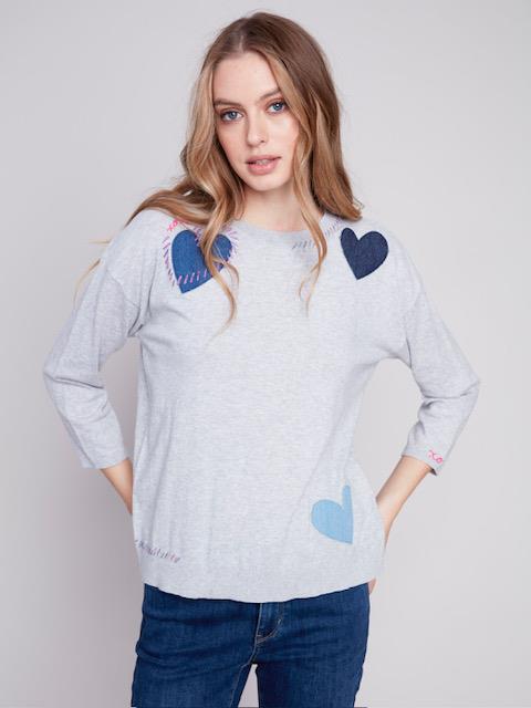 3/4 Sleeve Heart Patch Sweater