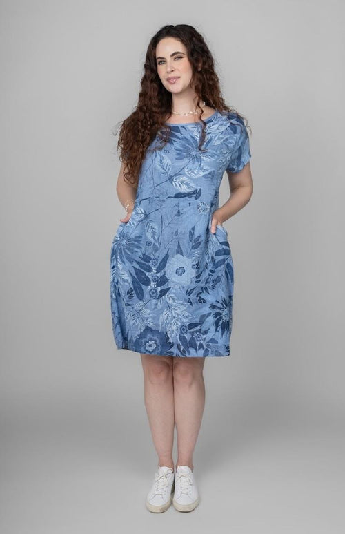 Cap Sleeve Floral Linen Dress