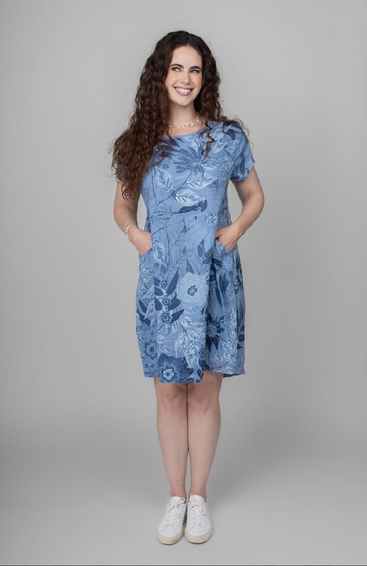 Cap Sleeve Floral Linen Dress