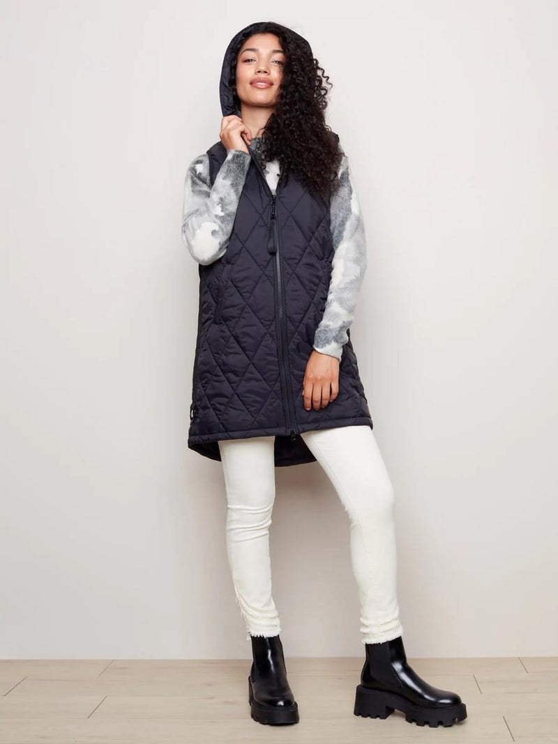 Long Puffer Vest With Hoodie